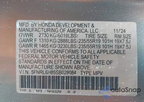 2025 Honda Odyssey Touring from USA, damaged, VIN 5FNRL6H85SB028084